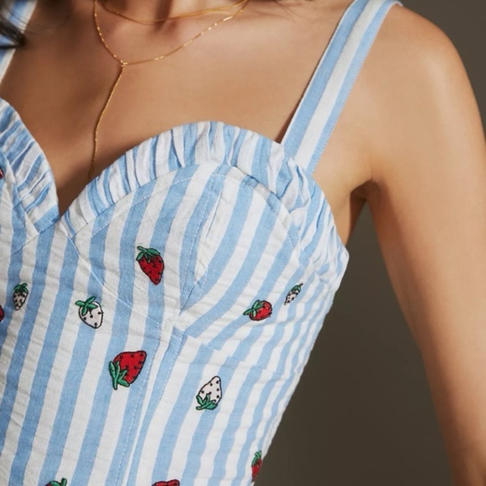 Maeve Blue and White Striped Top with Strawberry Print